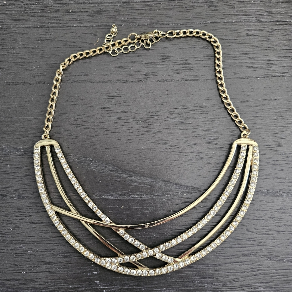 Gold Statement Necklace with Rhinestones. Chunky Layered Collar Necklace